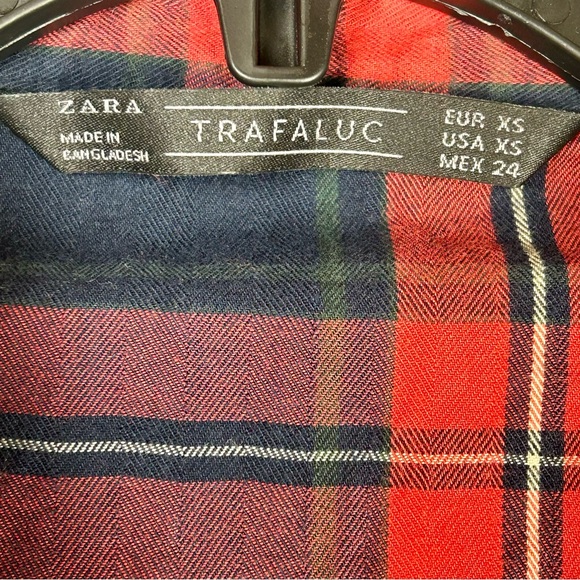 Zara | Trafaluc roll tab long sleeve button up plaid red multicolor shirt top - Picture 2 of 16